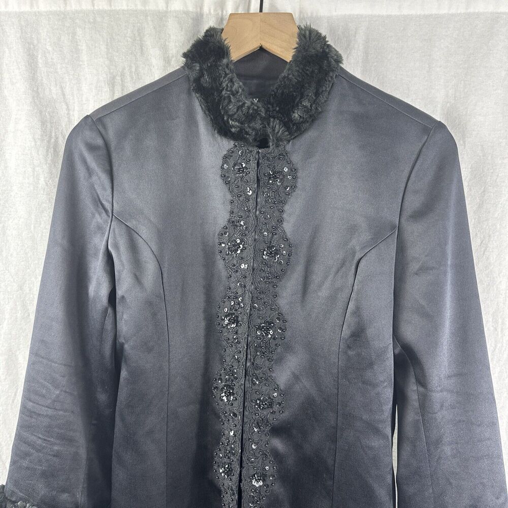 Hype Vintage Faux Fur Sequin Trim Black Silk Goth Evening Long Jacket Womens 8 - Picture 2 of 15